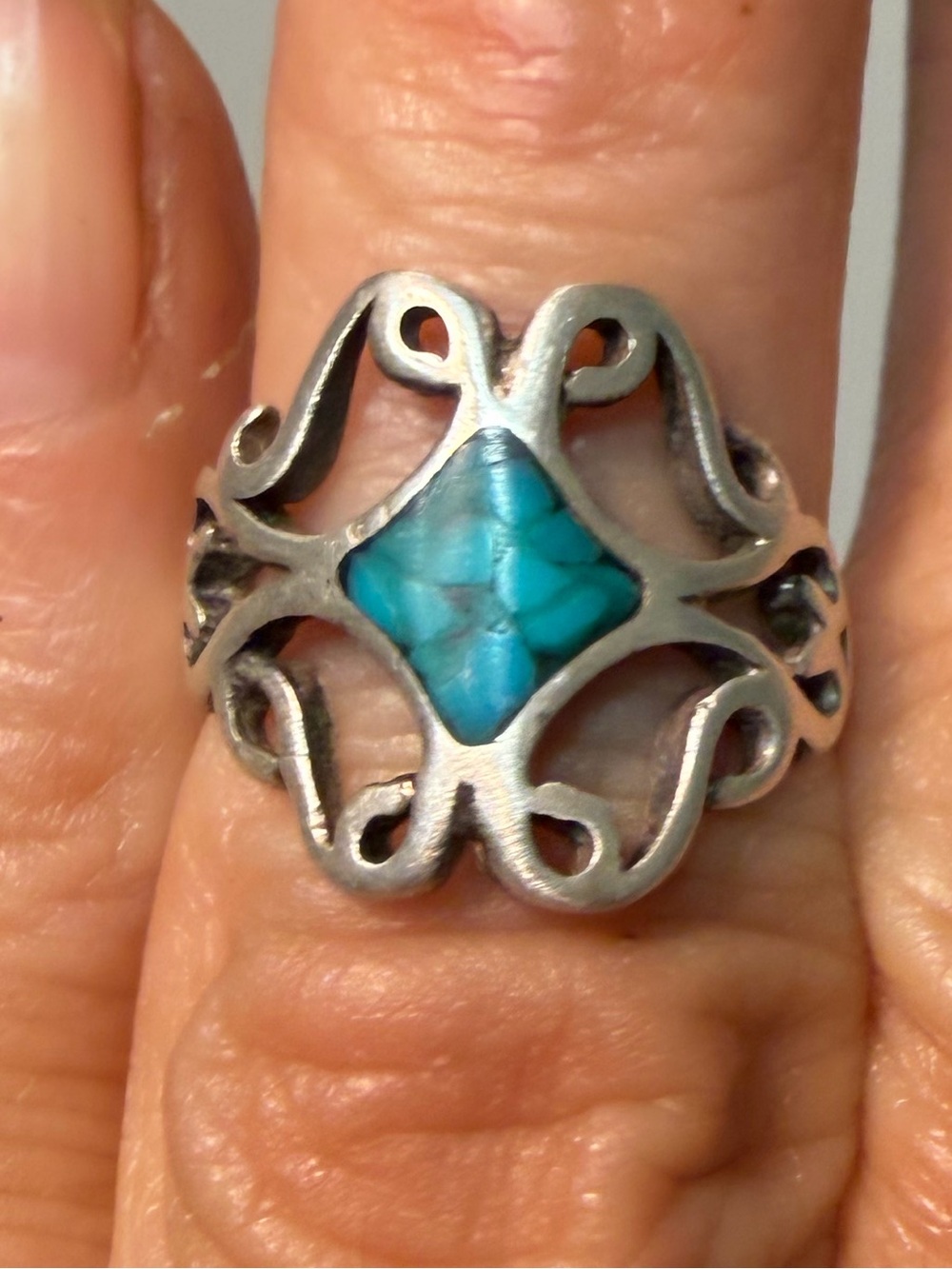 Vintage Sterling Silver Turquoise Filigree Ring Size 4.75